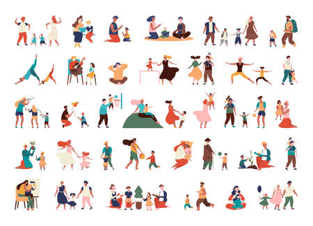 Collection of family illustrations. Parents with children spending leisure time together.のイラスト素材