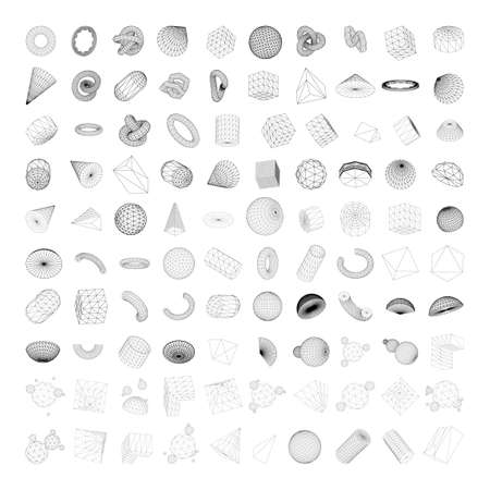 Big set of 3D shapes in a linear construction. Volumetric modeling of 3D figures.