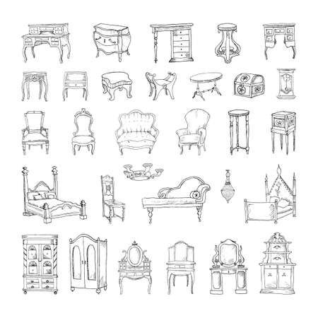 Collection of monochrome illustrations of antique furniture in sketch style. Hand drawings in art ink style. Black and white graphics.のイラスト素材