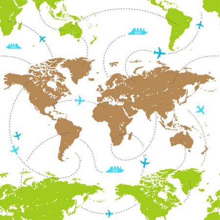 Vector seamless pattern of the map of the world. Template for prints, wallpapers about traveling. Silhouettes of continents and oceans for business projects, as a background for modern infographics.のイラスト素材