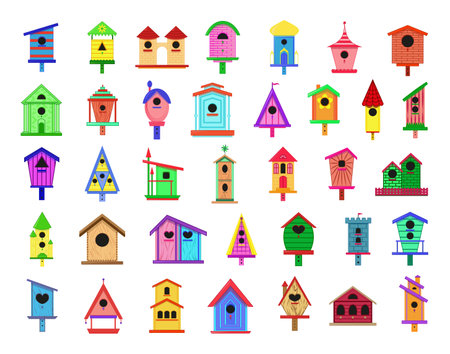 Collection of colorful bird houses. Lovely birdhouses.のイラスト素材