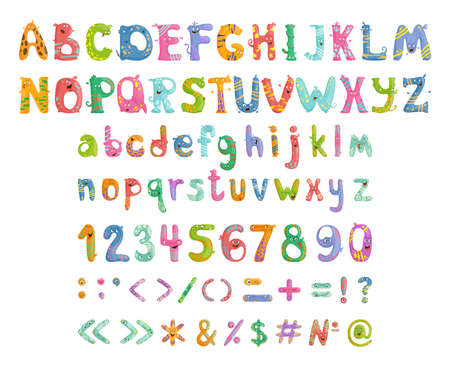 Set of funny and cute letters with emotions, numbers and punctuation marks. Alphabet with fairy tale characters.のイラスト素材