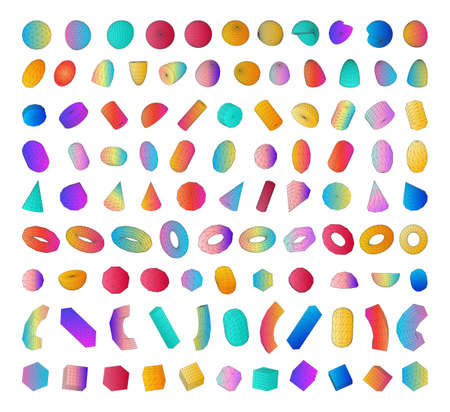 Big set of 3D colorful shapes. Volumetric modeling of gradient 3D figures.のイラスト素材