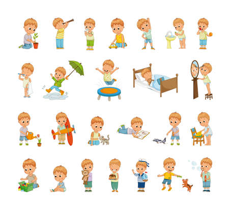 Collection of cartoon illustrations with children's performing different actions. Colorful kid character.のイラスト素材