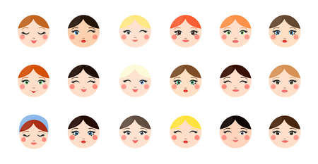 Collection of girls avatars with different emotions. Cute girls characters.のイラスト素材