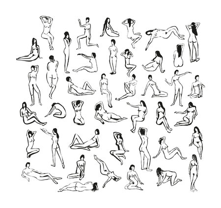 Set of nude girls. Sketches with posing women. Abstract models isolated on a white background. Hand-drawn illustrations.のイラスト素材