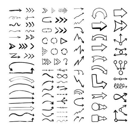 Vector collection of texturing arrows. Big set of grunge pointers, signs, cursors, navigations and interface elements in doodle style.のイラスト素材