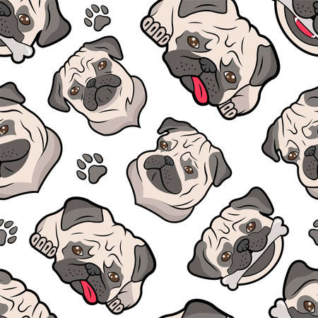 Vector seamless pattern with different cute pugs emoticons. Pastel ornament with funny dogs.のイラスト素材