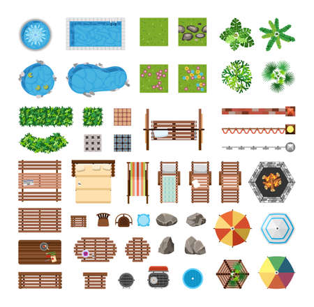 Set of items for recreation on the personal plot. Vector objects for furnishing the yard. View from above.のイラスト素材