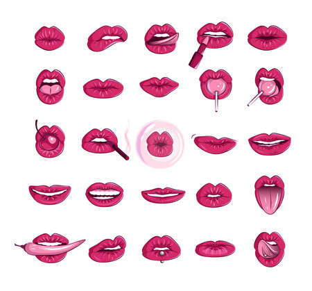 Set of women lips in a modern style. Isolated on white background illustrations of a female mouth. Erotic puffy lips stickers.のイラスト素材
