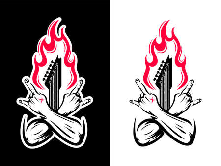Vector illustration of hands with guitar and fire. Template for a music album, tattoo, modern poster, rock print for t-shirt, sticker. Retro badge in color version.のイラスト素材