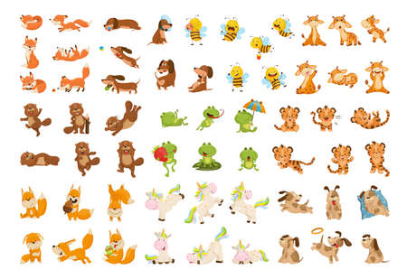 Collection of cartoon illustrations with animals performing different actions. Colorful cute characters.のイラスト素材