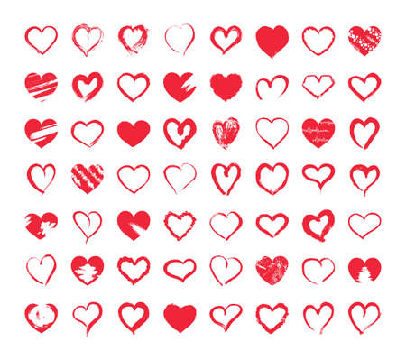 Collection of vector grunge heart frames. Set of fill and empty signs for romantic invitations, cards, and decorations. Hand-drawn textured shapes and silhouette templates for your design.のイラスト素材