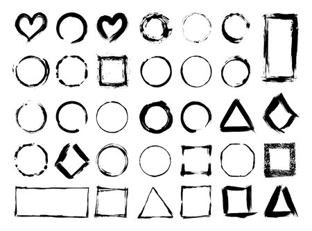 Collection of textured frames isolated on white background. Set of black templates with splashes and spray in form round, heart, square, triangle and rectangle.のイラスト素材