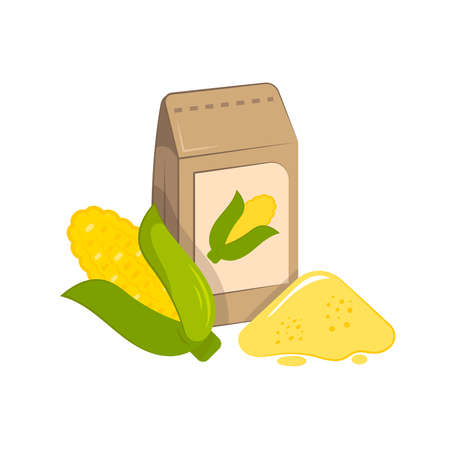 Vector illustration of corn and bag with flour. Food additive on a white background.のイラスト素材