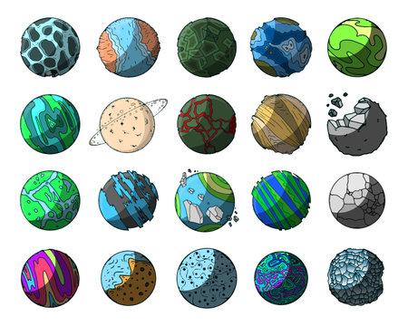 Collection of abstract fantasy planets in detailed style.のイラスト素材