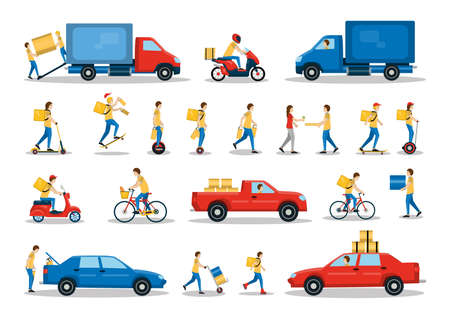 Couriers deliver goods and parcels in different ways. Set of illustrations with delivery men and transport.のイラスト素材