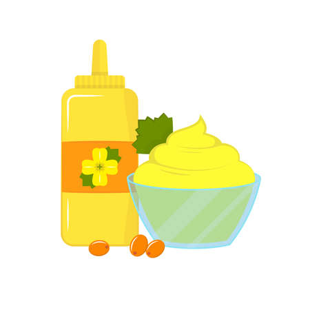 Vector illustration of the bowl with mustard and the bottle with mustard oil. Food additive on a white background.のイラスト素材