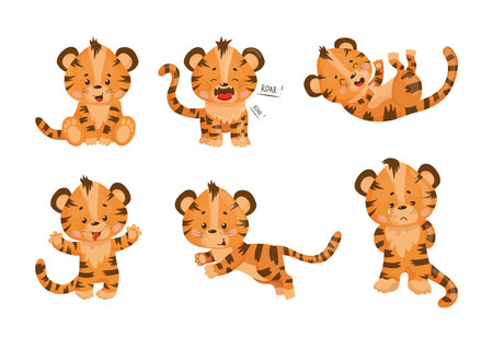Collection of cartoon illustrations with tiger performing different actions. Colorful cute character.のイラスト素材