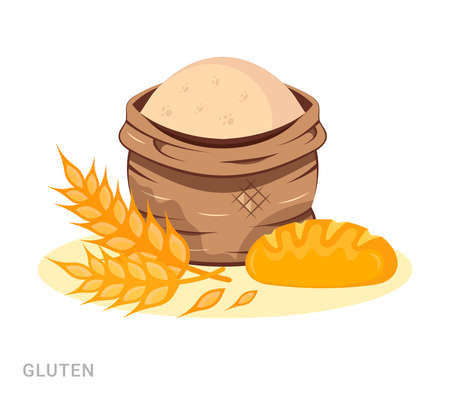 Vector illustration of gluten, bread and bag with flour. Food additive on a white background.のイラスト素材