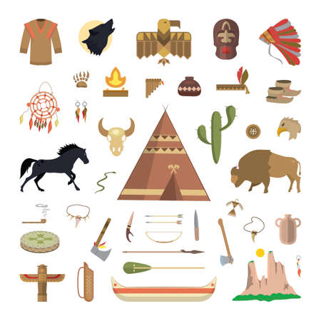 Attributes of native american. Vector illustration of indigenous people things.のイラスト素材