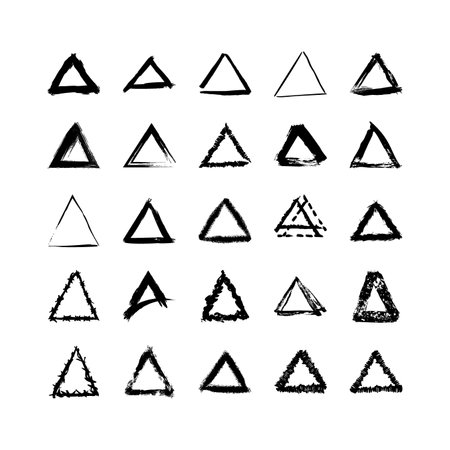 Collection of textured triangular frames isolated on white background. Set of black templates with splashes and spray in form square and rectangle in a dirty and freehand style.のイラスト素材