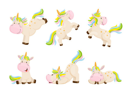 Collection of cartoon illustrations with unicorn performing different actions. Colorful cute character.のイラスト素材