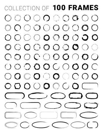 Collection of textured round frames isolated on white background. Set of black templates with splashes and spray in form circle and o-shaped, and elliptical in a dirty and freehand style.のイラスト素材
