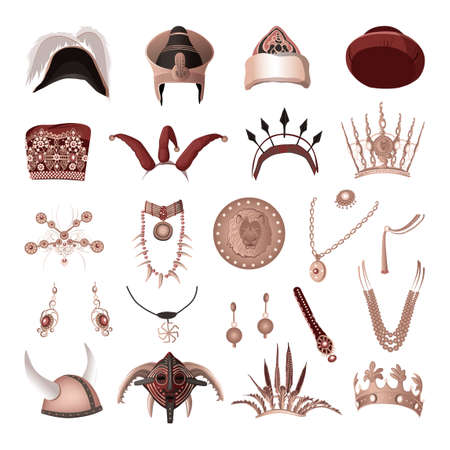 Collection of attributes of rulers. Headwear and jewelry. Realistic illustrations.のイラスト素材