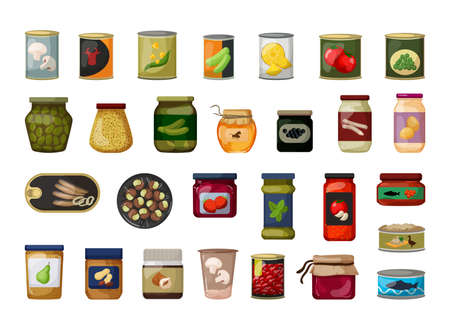 Collection of canned food and pickles in a detailed style.のイラスト素材