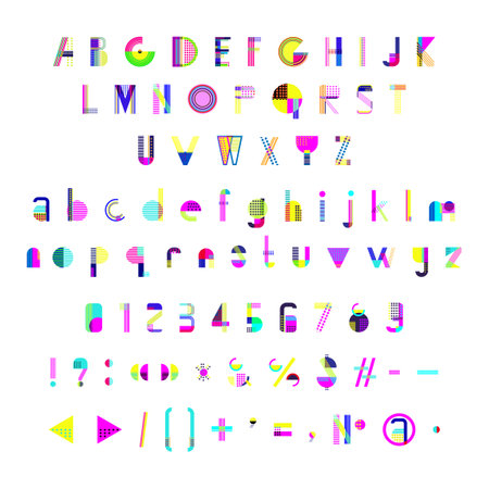 Abstract letters, numbers and punctuation. A trendy font made from geometric shapes, lines and dots.のイラスト素材