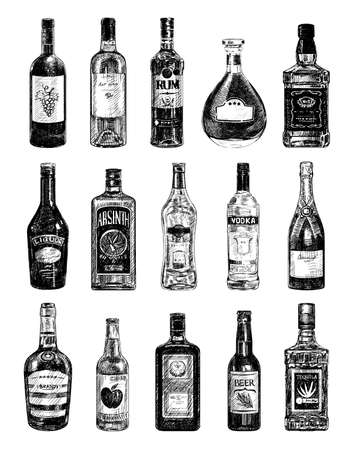Collection of monochrome illustrations of alcohol bottles in sketch style. Hand drawings in art ink style. Black and white graphics.のイラスト素材