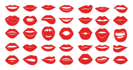 Collection of red erotic female lips in flat style. Mouths with different emotions.のイラスト素材