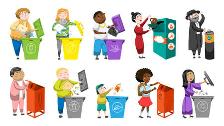 Characters of different nationalities throwing trash and used things into trash cans. Eco friendly...