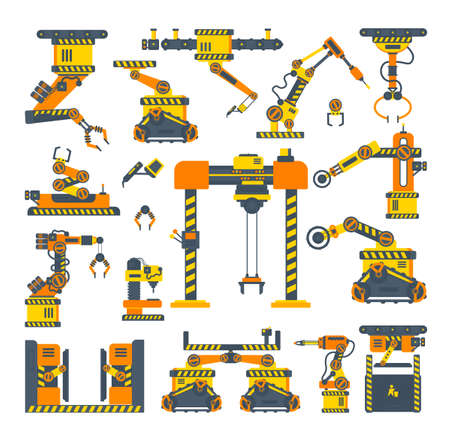 Collection of robotic arms and conveyor machines for industrial production. Detailed illustrations of automated production systems.のイラスト素材