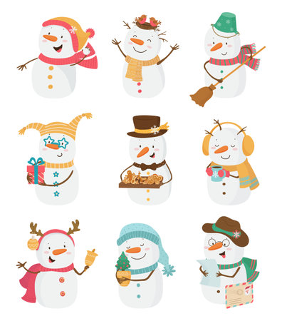 Set of cute snowmen in cartoon style. Childrens illustrations.のイラスト素材