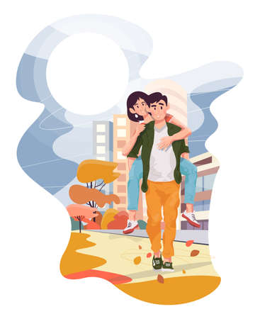 A guy and a girl are walking around the autumn city. Colorful detailed illustration with a young couple. Love story of one pair.のイラスト素材