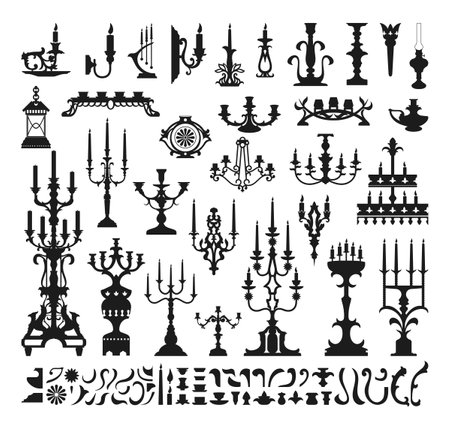 Collection of black and white candles and candlesticks isolated on white background. Elements for decoration.のイラスト素材