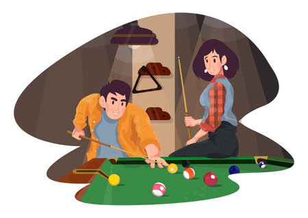 A guy and a girl are playing billiards. Colorful detailed illustration with a young couple.のイラスト素材