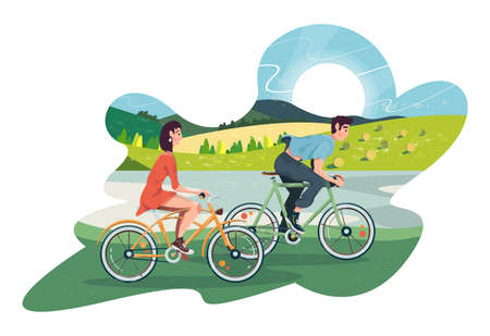 A guy and a girl on a bike ride outside the city. Colorful detailed illustration with a young couple. Flat style.のイラスト素材