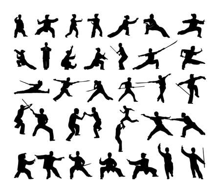 Collection of black silhouettes of wushu athletes. character shadow illustrations.のイラスト素材