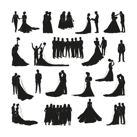 Collection of black silhouettes of the bride, groom and invited guests. wedding shadow collection.のイラスト素材