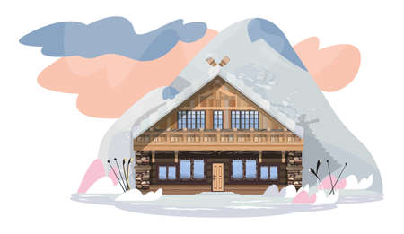 Illustration with a chalet-style house. The architecture of the mountainous regions of the Alps.のイラスト素材
