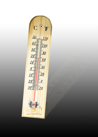 Wooden Celsius Fahrenheit thermometer isolated on white backgroundの写真素材