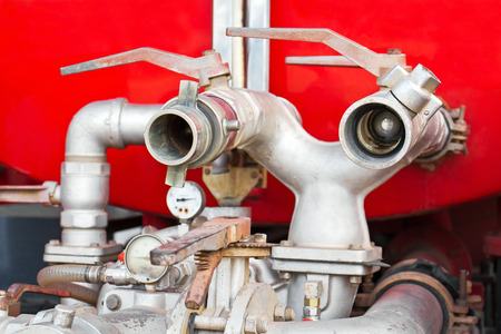 Water supply-pipe of fire truck close up view