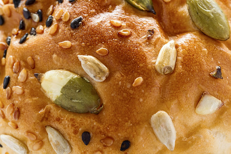 Macro view of loaf of bread with cereal