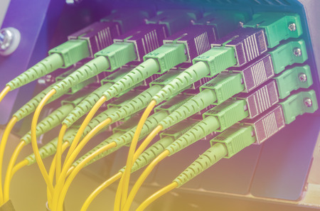 Server with set of green fiber optic cables in data center