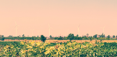 Wind turbines power generator on sky at farmer field - color filter effect style pictures