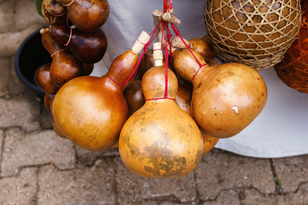Dried bottle gourd used for traditional canteen for drinking waterの写真素材