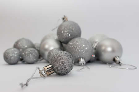 Silver shiny Christmas balls isolated on white background.の写真素材